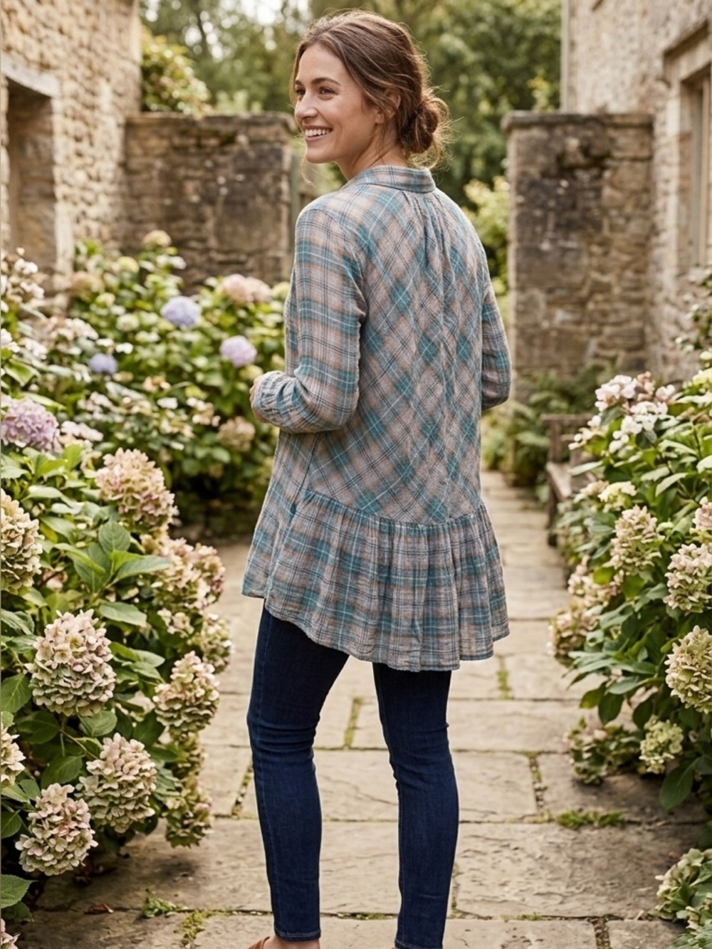 Ibd | Plaid Button Down Tunic Shirt with Ruffle Back | Sz M